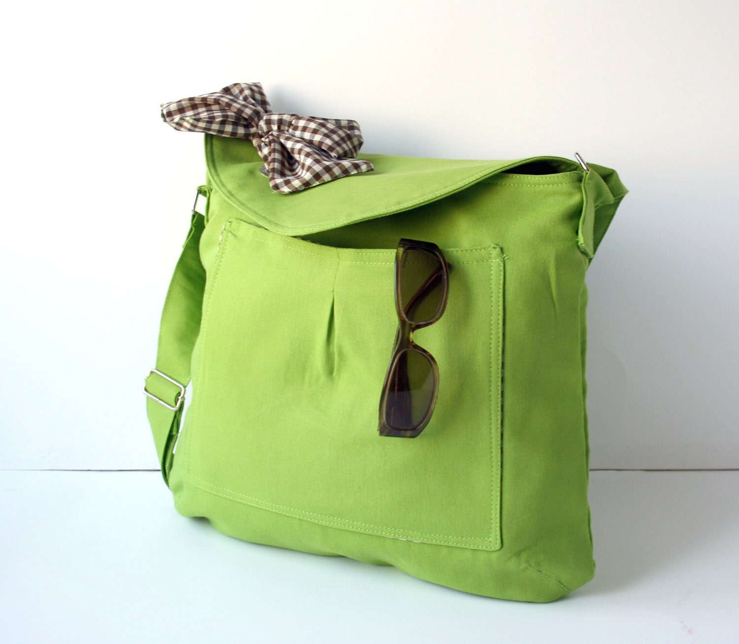 Apple Green Cotton Fabric Messenger Bag Brown and White