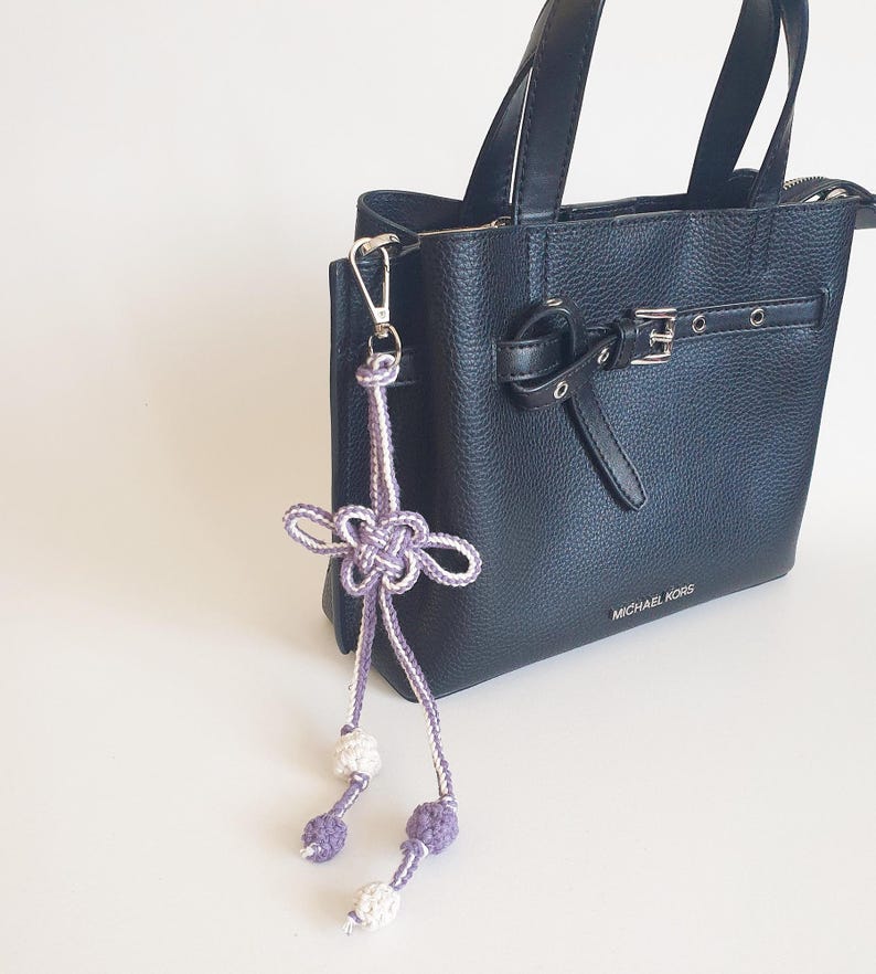 Decorative lavender lucky knot charm for handbag and tote bag