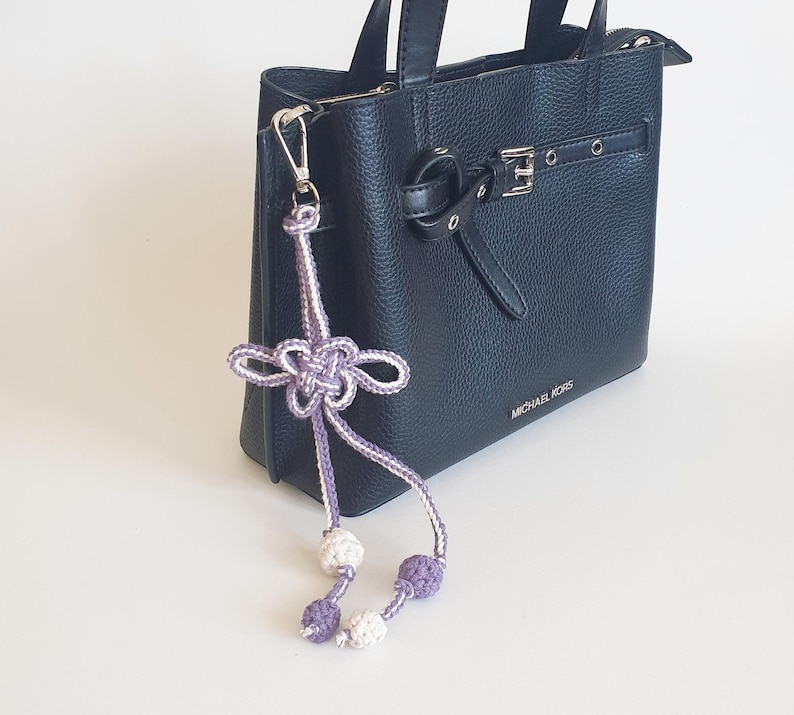 Cottagecore style lavender bag charm with handmade knotwork