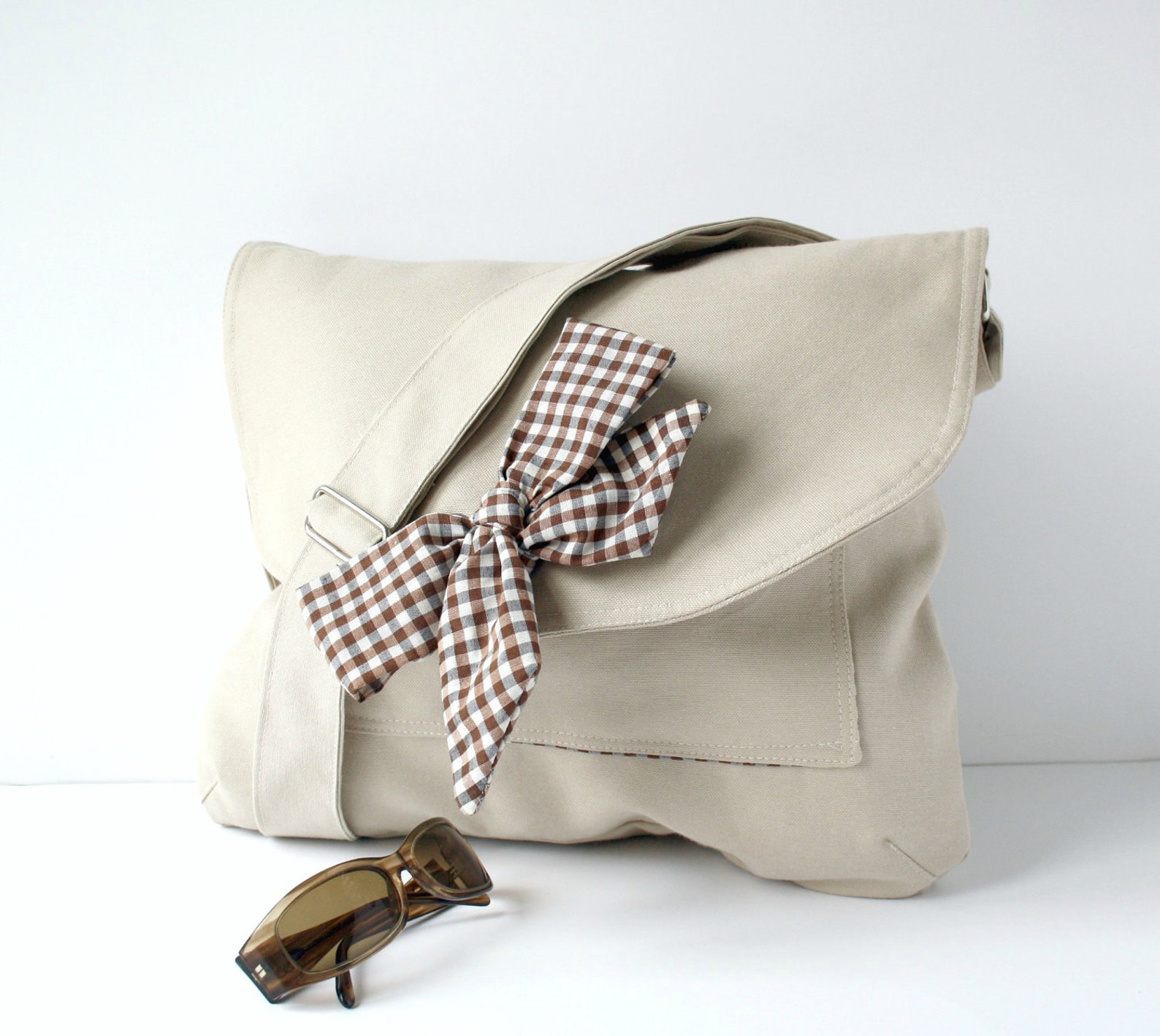 Beige Messenger Bag Brown and White Gingham Bow Adjustable Etsy