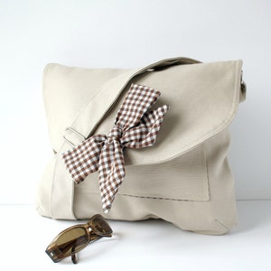 Beige Messenger Bag Brown and White Gingham Bow Adjustable strap For women for New Mom image 5