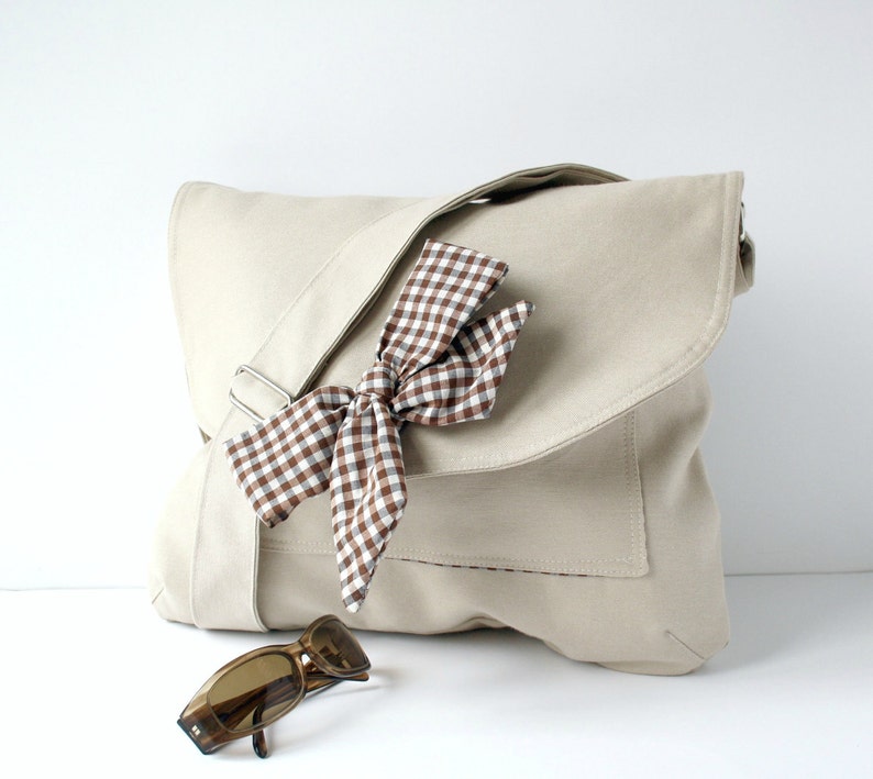 Beige Messenger Bag Brown and White Gingham Bow Adjustable strap For women for New Mom image 5