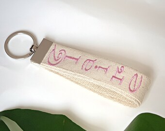 Custom Embroidered Key Fob, Cream Key Fob, Wirstlet Lanyard Key Strap, Personalized Name Key Fob, Mothers Day Gift, Gift for Her