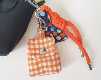 Orange Coin Purse Charm, Gingham Micro Pouch Keychain, Colorful Bag Accessory, Handmade XSmall Wallet
