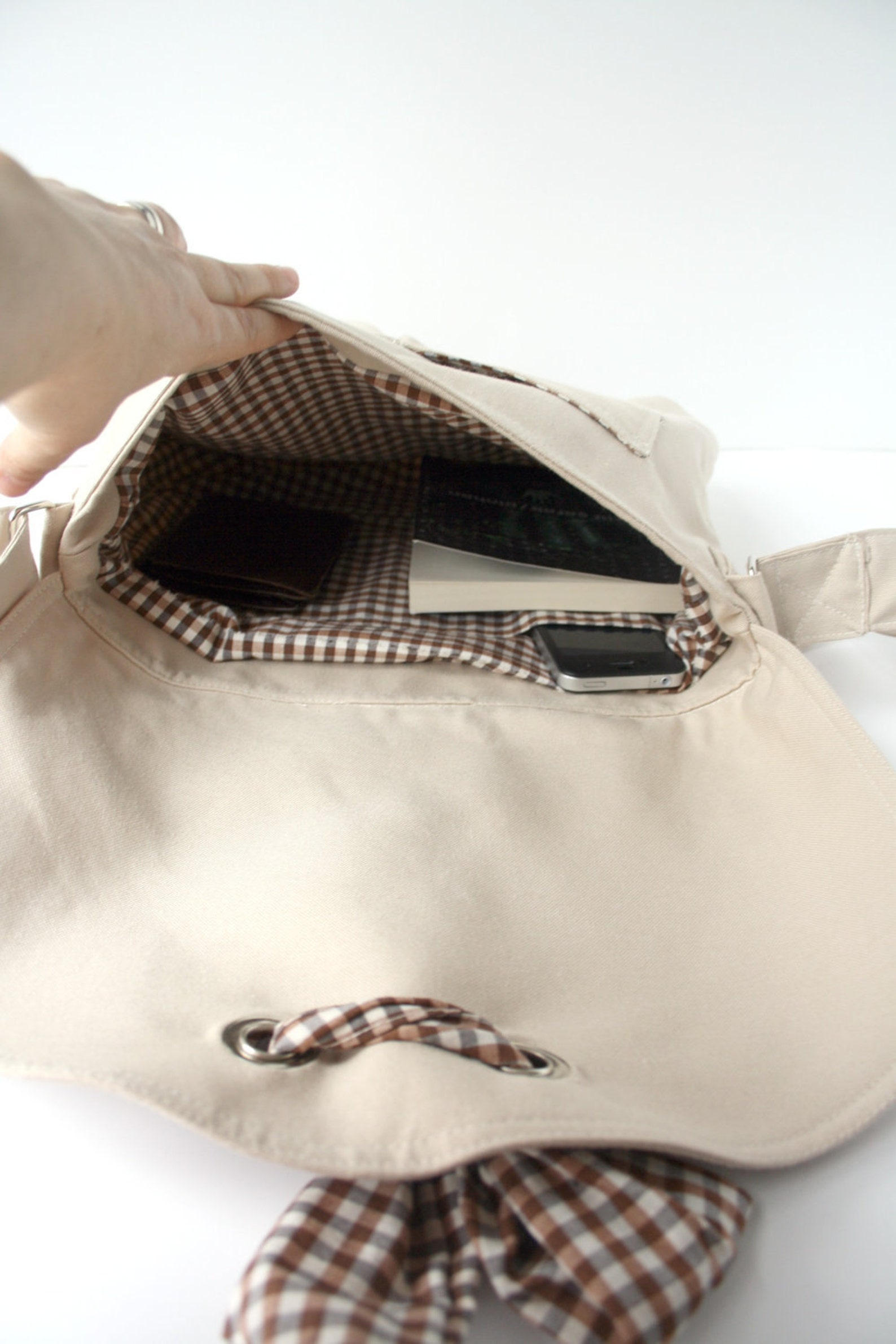 Beige Messenger Bag Brown and White Gingham Bow Adjustable Etsy