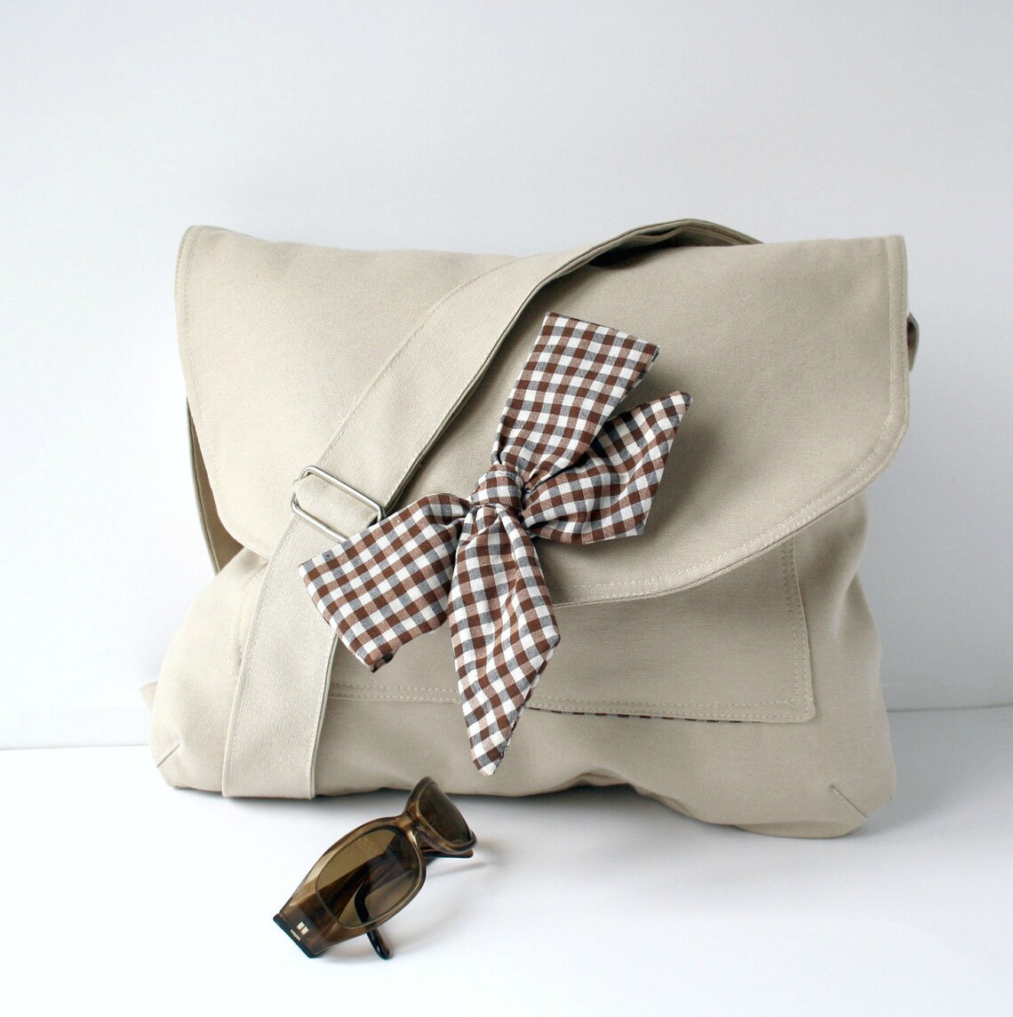 Beige Messenger Bag Brown and White Gingham Bow Adjustable Etsy