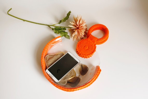 Round Clear Purse Crochet Circle Handle Jelly Handbag Transparent Stadium Circle Bag Orange Crocheted and Clear Bag See Trought Hand Bag Etsy