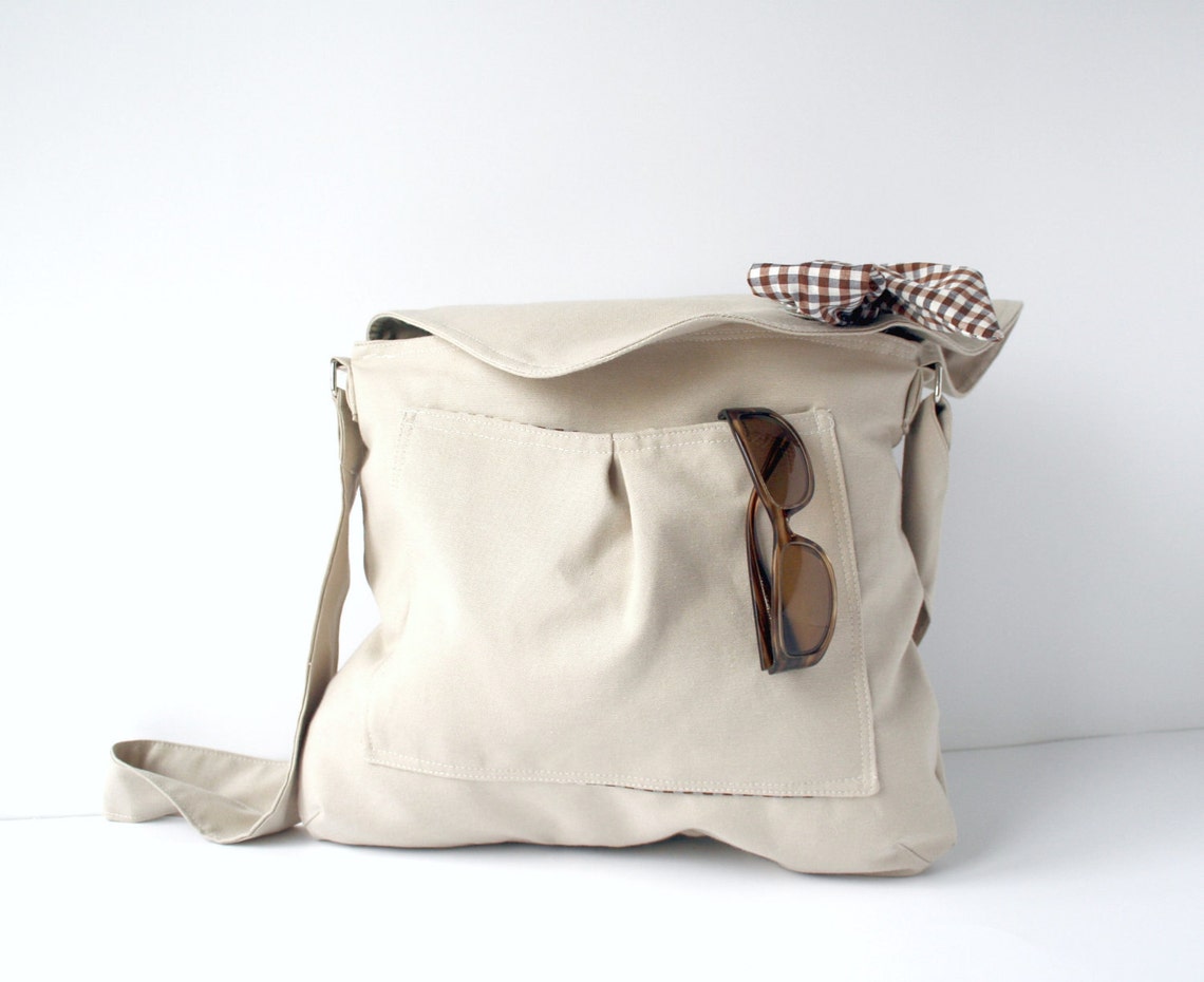 Beige Messenger Bag Brown and White Gingham Bow Adjustable Etsy