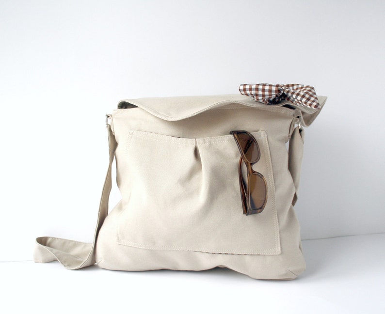 Beige Messenger Bag Brown and White Gingham Bow Adjustable Etsy
