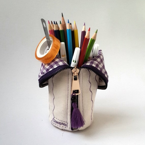 Cotton Pen Holder Purple Gingham Pencil Case Zipper Pencil Etsy