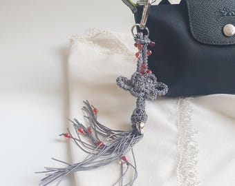 Gray Norigae Charm, Gothic Purse Charm, Red Beaded Tassel