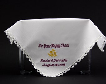 Happy Tears Handkerchief, Wedding Hanky, Custom Wedding Favor, Personalized Wedding Hankie, Bridesmaids Handkerchief, Embroidered Hanky