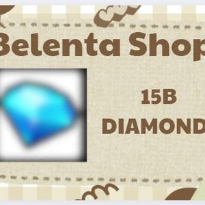 Può includere: Immagine per Belenta Shop con un'icona a diamante blu all'interno di un riquadro quadrato. Il testo "15B DIAMONDS" è in marrone, con il nome del negozio sopra. Lo sfondo ha un design beige a motivi.