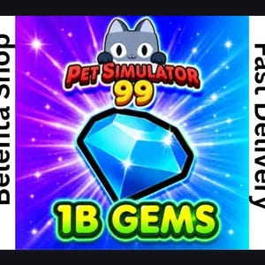以下が含まれることがあります： Pet Simulator 99のデジタルグラフィックで、中央に大きなファセットカットされた青いダイヤモンドが描かれています。ダイヤモンドの上には猫のアイコンと共にPet Simulator 99の文字があり、下には1B GEMSの文字があります。両サイドにはBelenta ShopとFast Deliveryの文字が表示されています。