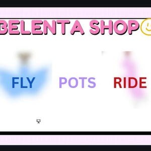 Może przedstawiać: Grafika cyfrowa z różowym napisem "BELENTA SHOP" oraz słowami "FLY", "POTS" i "RIDE" w kolorze niebieskim, fioletowym i czerwonym. Obraz zawiera dekoracyjne bazgroły i uśmiechniętą buzię.