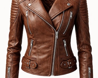 Blouson motard marron en cuir véritable pour femme | Vêtements d'extérieur classiques de style moto