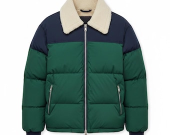 Handmade Colorblock Puffer Jacket with Sherpa Collar | Green & Navy Winter Outerwear