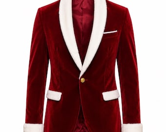 Blazer Papai Noel de veludo vermelho feito à mão - Jaqueta para festa de Natal - Blazer formal com acabamento em pele branca