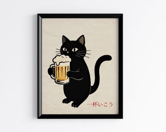 Plakat z piwem z czarnym kotem w stylu japońskim, zabawna grafika ścienna z kotem, vintage'owy nadruk z japońskim kotem, przytulny wystrój kuchni w barze, ilustracja retro ze zwierzętami