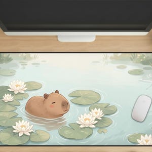 Kawaii Capybara Lily Pond Desk Mat, Cute Animal Mouse Pad, Water Lily Aesthetic, Lofi Nature Deskmat, Cozy Gaming Setup