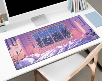 May include: A rectangular desk mat featuring an anime-style illustration of a bedroom scene. The artwork depicts a window overlooking a cityscape at night, with a bed, pillows, and plants. The color palette includes shades of purple, pink, and blue.