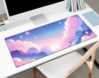 Anime Clouds musmatta, kawaii rosa och lila skrivbordsmatta, stor spelmatta, kontorsmatta, spelpresent