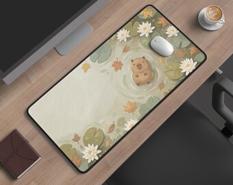 Tappetino da scrivania autunnale Lofi Capybara: simpatico tappetino per mouse con laghetto autunnale in stile Kawaii, accogliente tappetino da scrivania con animale, postazione da gioco dall'estetica calda