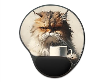 Coffee Cat Mouse Pad with Wrist Rest | Fluffy Cat Office Accessory