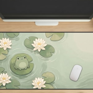 Kawaii Frog Lily Pad Desk Mat, Cute Anime Pond Mouse Pad, Water Lily Aesthetic, Green Nature Gaming Deskmat XL, Cozy Workspace Decor