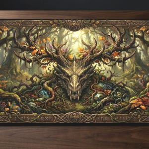 May include: Rectangular mouse mat with a detailed fantasy illustration. The artwork depicts a dragon-like creature with antlers and a forest background. The colour palette includes greens, browns, and golds, with a decorative border.