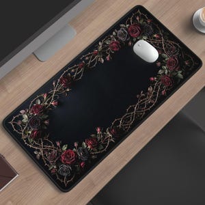 Crimson Rose Thorn Desk Mat, Dark Botanical Gothic Floral Deskpad, Midnight Garden Black Aesthetic Mousepad, Spooky Victorian Office Decor