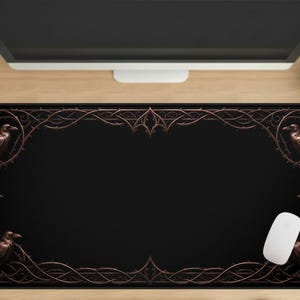 Dark Raven Thorn Frame Desk Mat, Copper Crow Gothic Filigree Mousepad, Victorian Macabre Deskpad, Antique Metal Aesthetic, Nocturnal Art