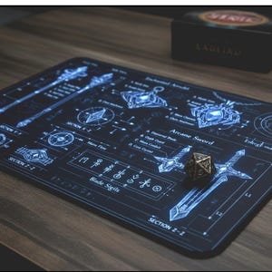 Op de afbeelding: Een zwarte gaming muismat met een blauwdrukontwerp met zwaarden, diagrammen en tekst. Een goudkleurige, veelzijdige dobbelsteen ligt op de pad. Een zwarte doos met witte tekst staat op de achtergrond.