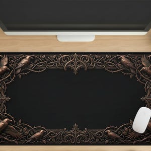 Bronze Raven Gothic Desk Mat, Copper Relief Crow Mousepad, Ornate Bird Thorn Filigree Deskpad, Antique Metal Aesthetic, Victorian Dark Art