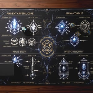 Op de afbeelding: Een zwart rechthoekig gaming-muismat met gedetailleerde diagrammen van mystieke artefacten en energiestromen. De mat bevat tekst als "Ancient Crystal Core", "Mana Conduit" en "Mystic Reliquary", met een goud- en blauw kleurenschema.