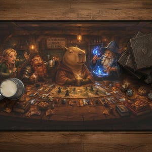 May include: A gaming mousepad featuring a fantasy tavern scene with a capybara, wizard, and other characters playing a tabletop game. The mousepad has a dark brown border and a wooden table design.