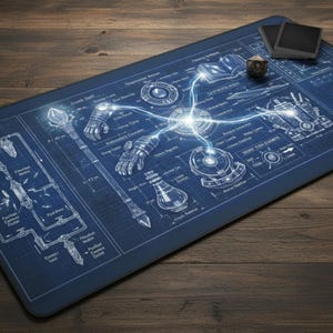 May include: A blue gaming mousepad with a blueprint design featuring fantasy elements like a staff, gauntlets, and a dice. The design includes technical diagrams and glowing energy lines, with a dice and two small black squares on the top right.