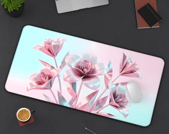 Pastel Floral Desk Mat, Pink Flower Mouse Pad, Aesthetic Botanical Desk Pad, Cute Workspace Desk Decor, Large Floral Mousepad