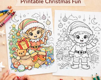 May include: Two printable Elf Coloring Pages with Christmas themes. One page is coloured, showing an elf with a candy cane, gifts, and a teddy bear. The other page is a black and white outline of an elf. The words "Instant Download" and "PDF & JPG" are visible.