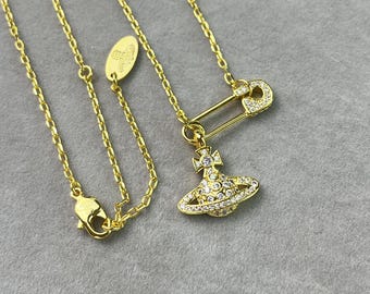 In box Safety Pin CZ Saturn Orb Pendant Necklace,Y2K jewelry birthday party Gift