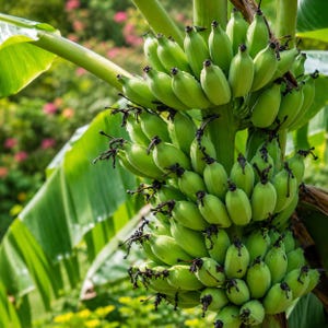 May include: A close-up shot of a bunch of unripe green bananas hanging from a tree. The bananas are tightly clustered together, with a few leaves visible in the background. The image is taken outdoors in natural light.