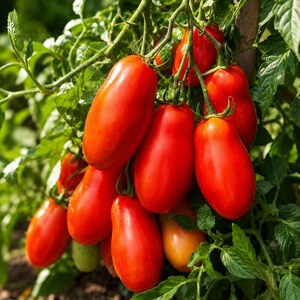 May include: A cluster of vibrant red, oblong-shaped Roma tomatoes hanging from a green vine. The tomatoes have smooth, shiny skins and are attached to thin, green stems surrounded by serrated green leaves in a natural garden setting.