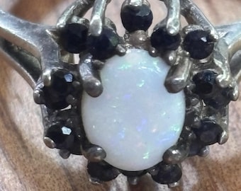 Vintage Sterling Silver 925 Sapphire And Opal Ring Size 8.75