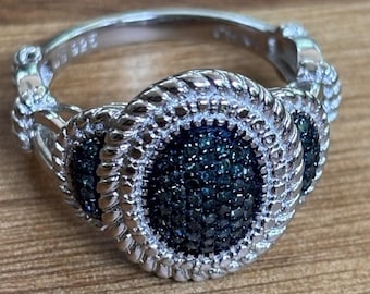 Signed JS Joseph Schmid .925 Sterling Silver Pave Blue Diamond Ring Size 9.25