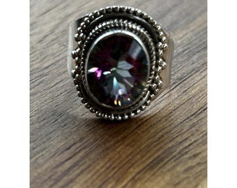 Anillo de plata de ley maciza con topacio místico, talla 7