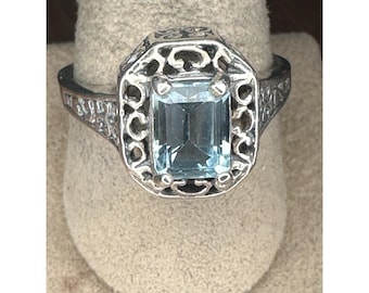 Anello Art Déco in argento sterling con topazio blu vintage - Misura 10