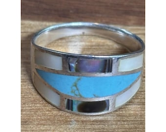 VTG Sterling Silber - Türkis Perlmutt Inlay Ring Größe 22