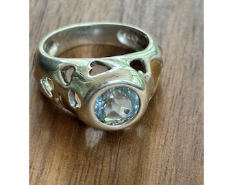 Anillo vintage de plata de ley 925 con topacio azul y engaste biselado, talla 6.