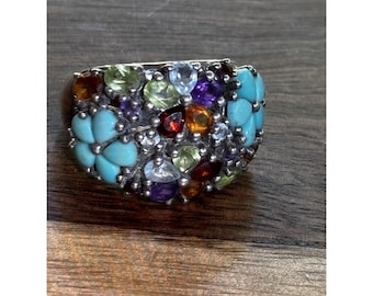 Stunning Sterling 925 ~ 2.5 ctw Multi-Gemstone Floral Design Ring ~ Size 7