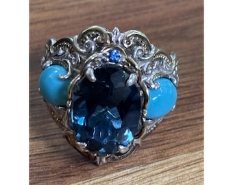 Bague taille 8, topaze bleue de Londres et turquoise Gems En Vogue